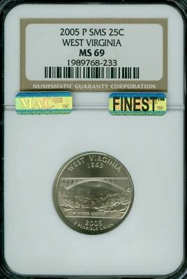 2005 P WEST VIRGINIA QUARTER NGC MS69 SMS PQ MAC FINEST REGISTRY MAC SPOTLESS * - Image 1 of 4