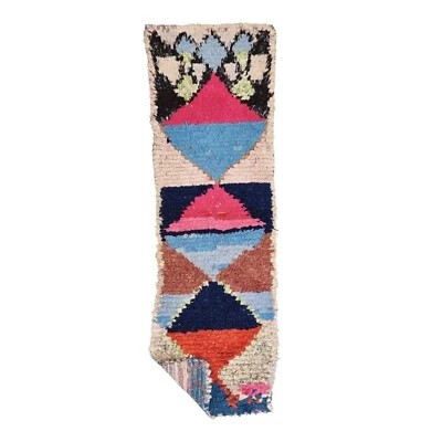 Moroccan Handmade Vintage Rug 2'3x7'3 Berber Geometric Pink & Blue Cotton Carpet - Image 1 of 4
