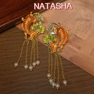 New Chinese Retro Koi Pearl Tassel Earrings Creative Long Earrings - Picture 1 of 5