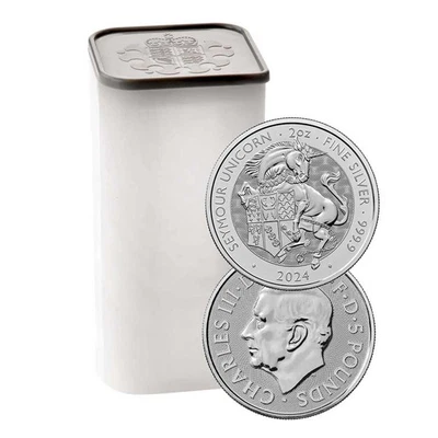 Roll of 10 - 2024 U.K. 5 Pound 2 oz Silver Tudor Beast Seymour Unicorn BU - Image 1 of 3