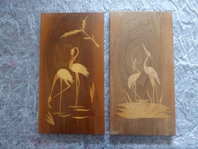 Wandbilder Holz 2 Stück Kraniche und Flamingos Intarsien Handarbeit Vintage - Bild 1 von 4