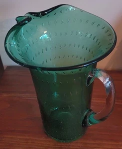 Vintage Rare Large Emerald Green Hand Blown Glass Pitcher $35 - Picture 1 of 4