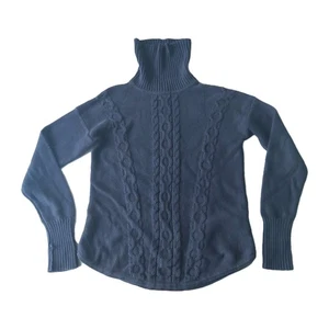 LL Bean Turtleneck Jumper Mens Medium Aran Style Cableknit Cotton Blue Rollneck - Picture 1 of 9