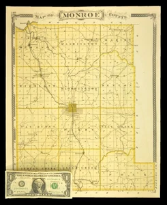 ca 1876 MONROE COUNTY Indiana Map Bloomington Ellettsville Hindostan Atlas - Picture 1 of 11