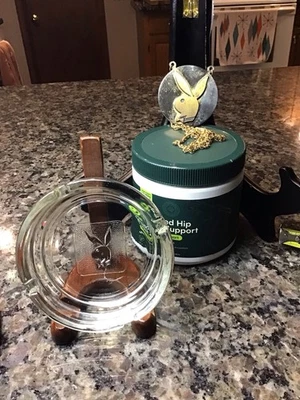 VINTAGE Playboy Club Playboy Bunny Gold Chrome Pendant Necklace & Glass Ashtray - Image 1 of 4