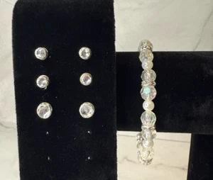 Juego de aretes y pulseras con cuentas hechas a mano cuentas facetadas transparentes y plata - Imagen 1 de 8