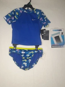 Nike Girl's 2-Piece Pool Party Short Sleeve Crop Rash Guard Blue Unicorn Sz L - Picture 1 of 9