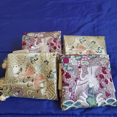 Vtg NOS 4 Embroidered Silk PillowCovers Cranes Koi TraditionalAsian Motif Tassel - Image 1 of 4