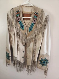 Arturo Arocha Lederjacke Designer Western Indianer Elfenbein Mexiko Perlen Größe 10 - Bild 1 von 9