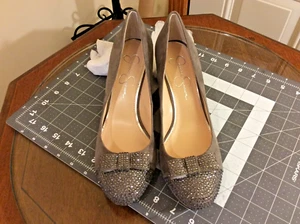 Jessica Simpson Women  Wedge heel  Suede Gray Rhinestone bow Dress shoes 8.5M - Picture 1 of 21