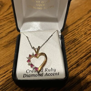 Lab Created Ruby Heart Necklace - 18K over Sterling Silver - Picture 1 of 12