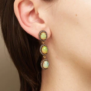 925 Sterling Silber Opal Edelstein Ohrhänger 14K Gold Pave Diamant Schmuck - Bild 1 von 7