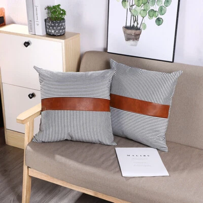 Conjunto de 2 capas de almofada listras de couro sintético 18x18 polegadas para fazenda - Imagem 1 de 4
