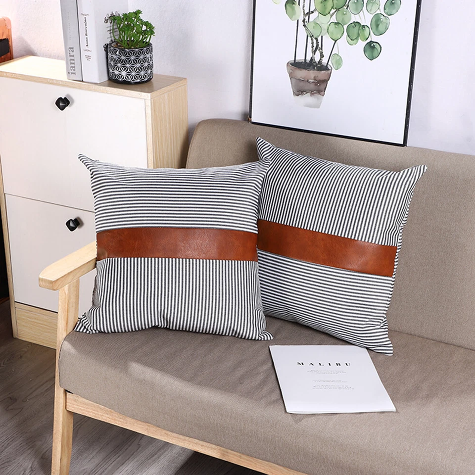 Farmhouse Pillow Covers 18x18 inch Set of 2 Faux Leather Stripe Cushion Covers - Image 1 of 4