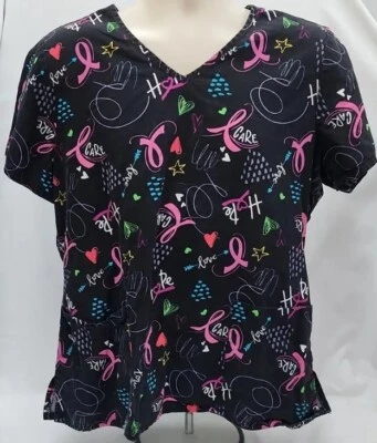 Scrubstar Womens Cancer Awareness V Neck Scrub Large L Black Hope pink ribbon - Image 1 of 3