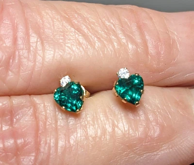 10K Yellow Gold Lab Created Heart Shaped Emerald Pierced Earrings - Image 1 of 4