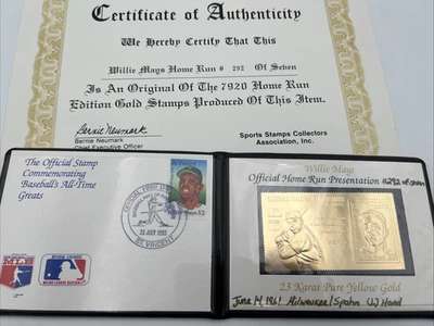 Estampilla de oro 23k de leyendas del béisbol miembro del Salón de la Fama de Willie Mayes con certificado de autenticidad Foto 1 de 4