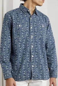 NWT $345 RRL Ralph Lauren Men’s Logo-Print Indigo Woven Workshirt Sz M - Picture 1 of 17
