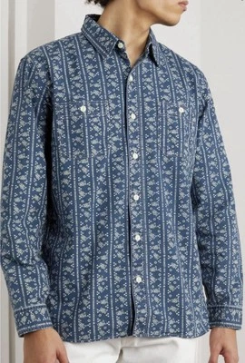 NWT $345 RRL Ralph Lauren Men’s Logo-Print Indigo Woven Workshirt Sz M - Image 1 of 4