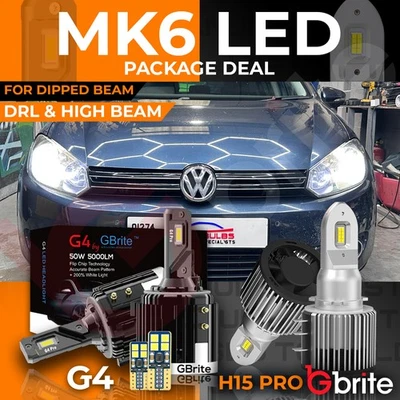VW GOLF MK6  LED H7 H15 HEADLIGHT BULBS PACKAGE DRL HIGH BEAM FLASH SIDE LIGHTS - Image 1 of 4