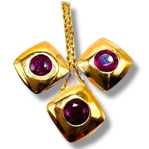 Natural Red Pink Ruby Rubies 14k Yellow Gold Earring Pendant Necklace 3.6g 16" - Picture 1 of 16