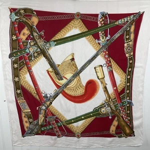 Vintage Golden Camel Silk Square Scarf featuring vintage weapons 30x31 - Picture 1 of 9
