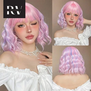 Curly Pink Purple Mixed Blue Wavy Synthetic Wigs with Bangs Short Bob Natural - Picture 1 of 10