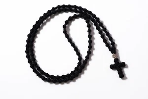 100 Cuerdas de Oración Ortodoxa Monástica Negra Rosario de Lana Lisa con Cuenta de Cruz - Imagen 1 de 16