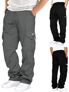 Mens Elasticated Waist Cargo Combat Work Trousers Joggers Pocket Cuffed Pants UK - Picture 1 of 15