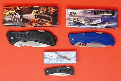 3 pc Frost Cutlery Knife Set Mustang Buck Shot True Blue II Fire Fly New Boxed