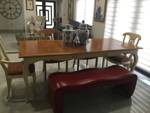 Ethan Allen Solid Wood Dining Table and Upholstered Chairs  - Picture 1 of 9