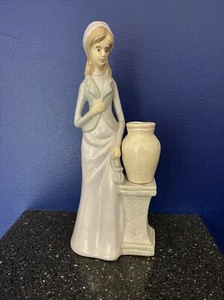 Vtg Porcelain Figure of Woman Next to Jug on Stand - 10.5" Lladro-Style Signed - Picture 1 of 7