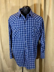 Mens Plains Big Western Shirt 2X Blue Plaids L/S Cot/poly Snaps Rockabilly - Picture 1 of 6