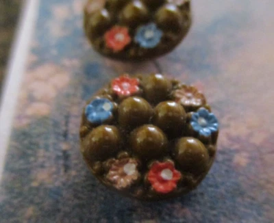 Set of 4 Vintage 1/2" Brown  Painted flower   Glass Buttons~NOS - Image 1 of 3