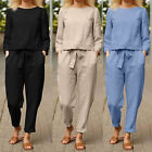 Cotton Linen Lounge Trousers Sets Solid Color Women Elastic Waist Daily Clothing