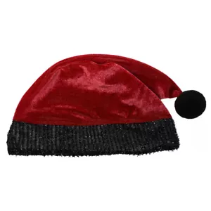Adult Red Plush Santa Hat With Black Trim ~ HOLIDAY, XMAS, CHRISTMAS, PARTY HAT - Picture 1 of 2