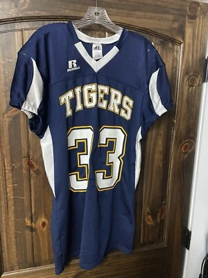Russell-Athletic Football Jersey Large 23x33 USA Blue Gold Tigers 33 Stretchy - Image 1 of 4
