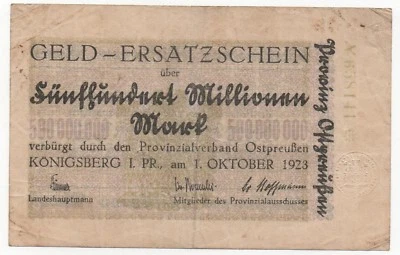 GERMANY KONIGSBERG KÖNIGSBERG KOENIGSBERG 500 MIL MARK 1923 EMERG MONEY NOTGELD  - Image 1 of 2