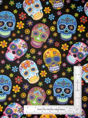 Sugar Skull Fabric Skulls Flowers Multi Color on Black By Traditions Cotton Yard - Image 1 of 3