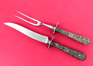 Sterling Silver S Kirk & Son Repousse 2 pc Steak Carving Set Fork and Knife - Picture 1 of 11
