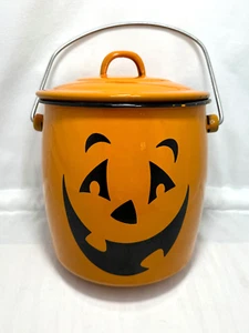 HALLMARK Halloween Bucket Pail Pumpkin Jack O Lantern Enamel Ware Candy With Lid - Picture 1 of 11