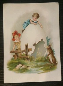 VTG LARGE J A POZZONI COMPLEXION POWDER TRADE CARD EMBOSSED CHILDREN EGG SPRING - Picture 1 of 2