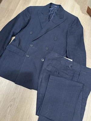 Traje Polo Ralph Lauren Azul Marino Lino Doble Pecho Cuadros 38R, 34x29 Foto 1 de 4