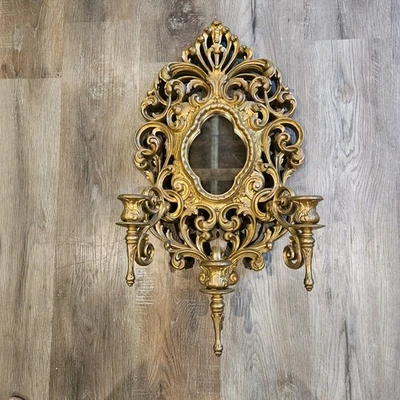 Vintage Gold Colored Large Wall Scones  With Mirror 26" Set Of 2 - Image 1 of 4