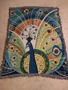 Vintage Reversible Throw Blanket Peacock 62x48” Fringe - Picture 1 of 5