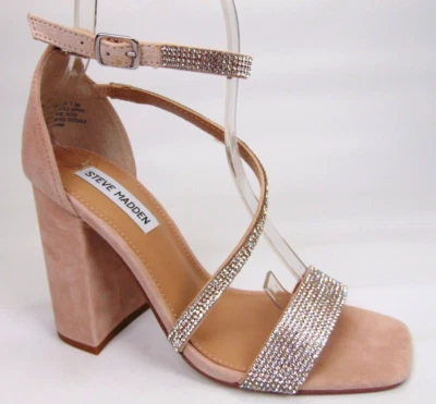 STEVE MADDEN 女式裸色 Varali 珠宝麂皮绒粗跟凉鞋 7.5 码展示 — 第 1/4 张图片