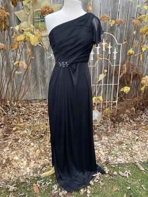 DAVIDS BRIDAL Formal Bridesmaid Dress Sz 6 Black One Shoulder Sheer Overlay EUC - Image 1 of 4