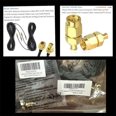 2Pcs RP-SMA Male To Female Wifi Antenna Extension Cable Cord Black 10’ + MCX Adp - Image 1 of 4