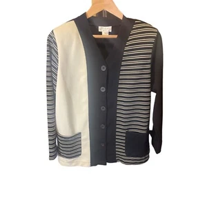 Adolfo Black Cream Color Block Button Front V Neck Long Jacket Sz M - Picture 1 of 7