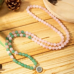 108 Mala Beads 8mm Aventurine Rose Quartz Beaded Bracelet Lotus Charm Necklace - Picture 1 of 4